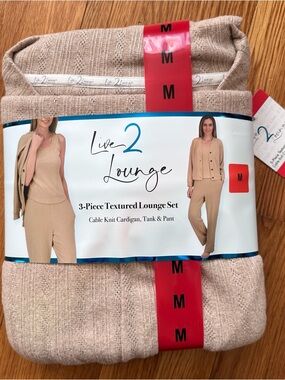 Live 2 Lounge 3 Piece Lounge Set Tan Medium Cable Knit Cardigan Tank Pants NWT